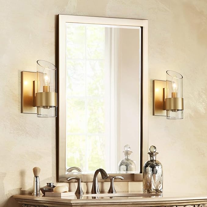 WUZUPS Set of 2 1-Light Bathroom Wall Light Fixture Over Mirror Class Shade Morden Vanity Scones for Bathroom Bedroom Living Room, E12 Base, Gold