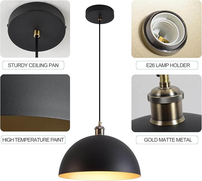 Vintage black and gold Pendant Light 13.7'' Retro Farmhouse Dome Pendant Lamp Modern Industrial Chandelier for Wire length 78.74'' Kitchen Island, Bedroom, Dining Room, Living Room, Hallway