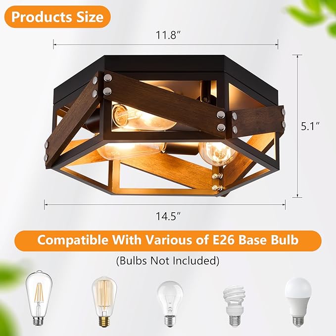 Farmhouse Flush Mount Ceiling Light, 3-Light Hallway Lights with Metal and Wood, Industrial Kitchen Light Fixtures Ceiling Mount, Rustic Black Chandelier for Bedroom Living Room Bathroom
