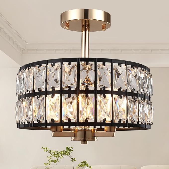 Crystal Ceiling Light Fixture, 12.6" Black and Rose Gold Semi Flush Mount Ceiling Light Fixture 3 Lights Modern Drum Round Crystal Chandeliers for Entryway Kitchen Hallway Bedroom Living Room