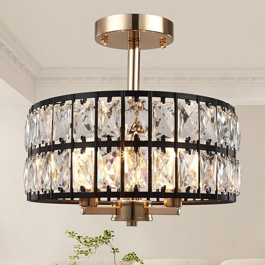 Crystal Ceiling Light Fixture, 12.6" Black and Rose Gold Semi Flush Mount Ceiling Light Fixture 3 Lights Modern Drum Round Crystal Chandeliers for Entryway Kitchen Hallway Bedroom Living Room