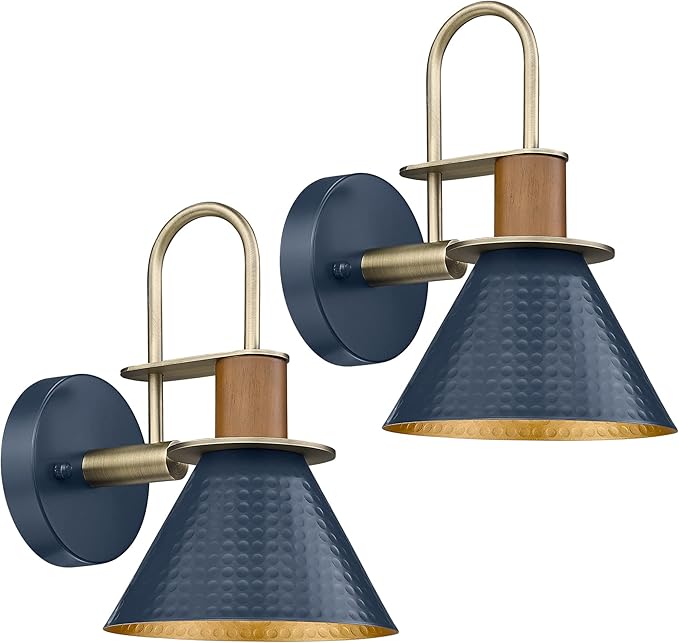 Rustic Wall Sconces Set of Two, HWH Indoor Wall Sconce 1-Light Barn Vanity Light, Hammered Barn Wall Lamp for Bathroom Bedroom Kitchen, Hammered Metal Shade, Navy Blue Finish, 5HZG74B-2L BL+BG