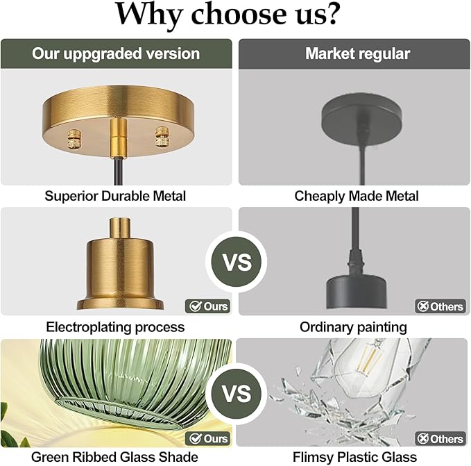 1 Pack Pendant Lights with Vintage Green Ribbed Glass Lampshade, Adjustable Brushed Gold Pendant Lights Fixtures for Kitchen Island Lighting Sink, Dining & Living Room Hallway (Bulbs Not Included)
