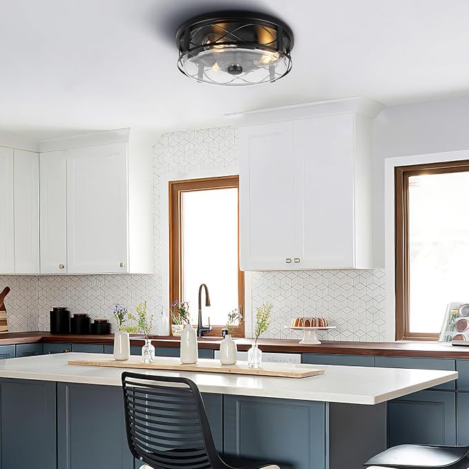 16 Inch Large Flush Mount Ceiling Light with Seeded Glass, 3-Light Black Round Ceiling Lamp, Modern Farmhouse Indoor Outdoor Ceiling Lighting for Kitchen Bedroom Living Dining Room