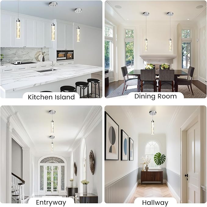 Pendant Lights Kitchen Island, Modern Mini Pendant Light Fixtures with Crystal Stone, Dimmable LED Chandelier, Chrome Hanging Light Fixture for Dining Room Hallway, 3000K/4000K/5000K Adjustable, ETL