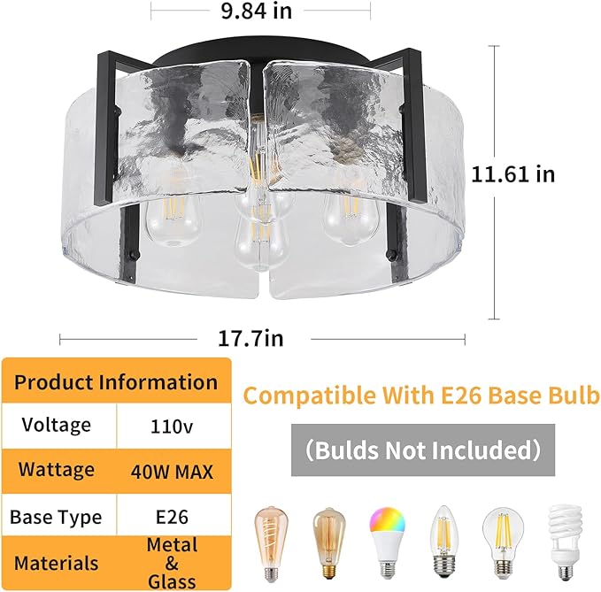 Black Semi Flush Mount Ceiling Light Fixture, 17.7-Inch Glass Drum Flush Mount Light Farmhouse Modern Lights Kitchen Lighting Fixtures for Foyer Entryway Hallway Bathroom Bedroom Laundry Room