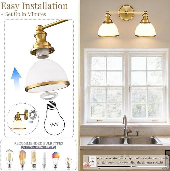 Hamilyeah 2-Light Gold Bathroom Vanity Light, Brushed Gold Wall Light Fixture with Milky White Glass Shades, Vintage Vanity Lighting for Bathroom, Powder Room, Bedroom, Hallway