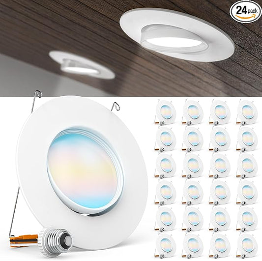 Sunco 24 Pack LED Can Lights Eyeball Retrofit Gimbal 5/6 Inch Recessed Lights, 12W=60W, 5 Colors (2700K/3000K/3500K/4000K/5000K), 800 LM, Directional Angled Trim Adjustable Ceiling Downlight, UL