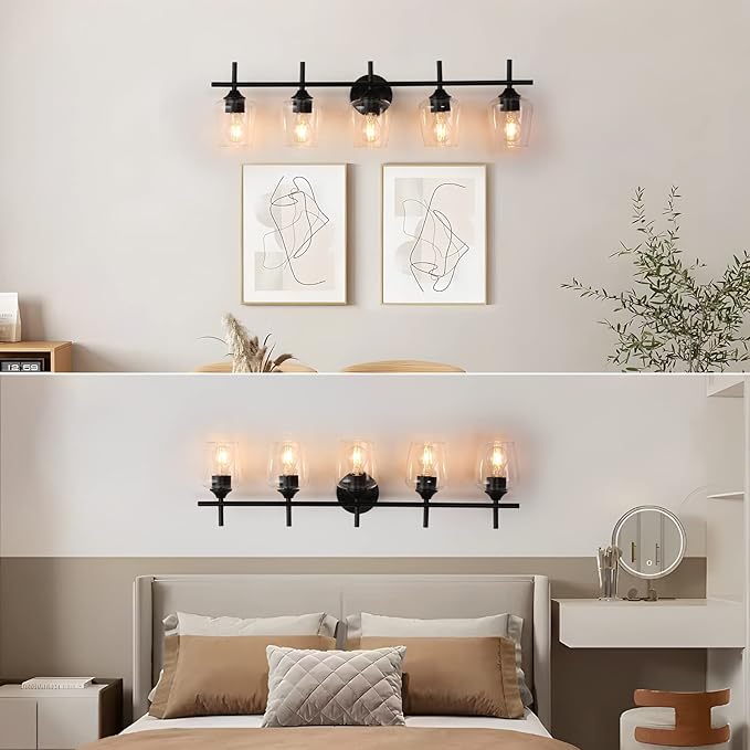 Bathroom Light Fixtures 5-Light Brushed Nickel Vanity Light with Clear Glass Shade, Modern Wall Lights for Bedroom Hallway Living Room (Black, 5-Light)