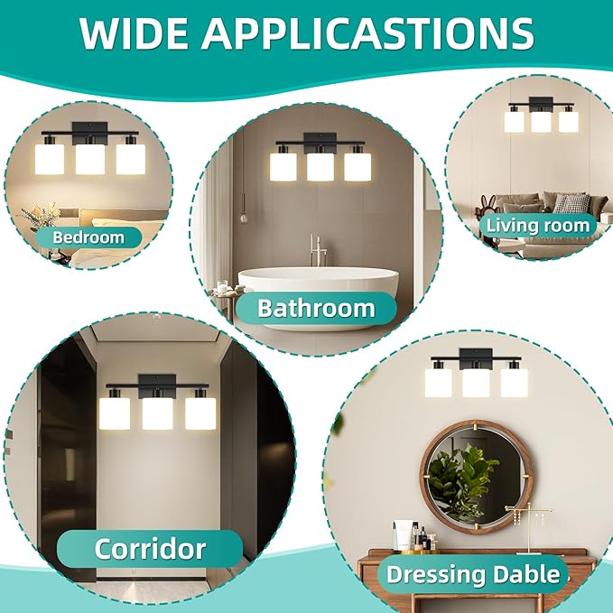 CANMEIJIA 3-Light Bathroom Vanity Light Fixtures, Matte Black Vanity Wall Scones Lighting for Bedroom Living Room, Modern Vanity Lights with Milky White Glass Shades, E26 Socket, Bulbs Not Included