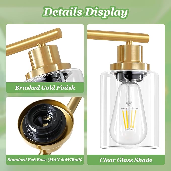 8-Light Brushed Gold Vanity Lights for Bathroom, Lighting Fixtures Over Mirror with Clear Glass Shade, Modern Kitchen Light Fixtures Wall Lamps Sconce Light - E26 Base