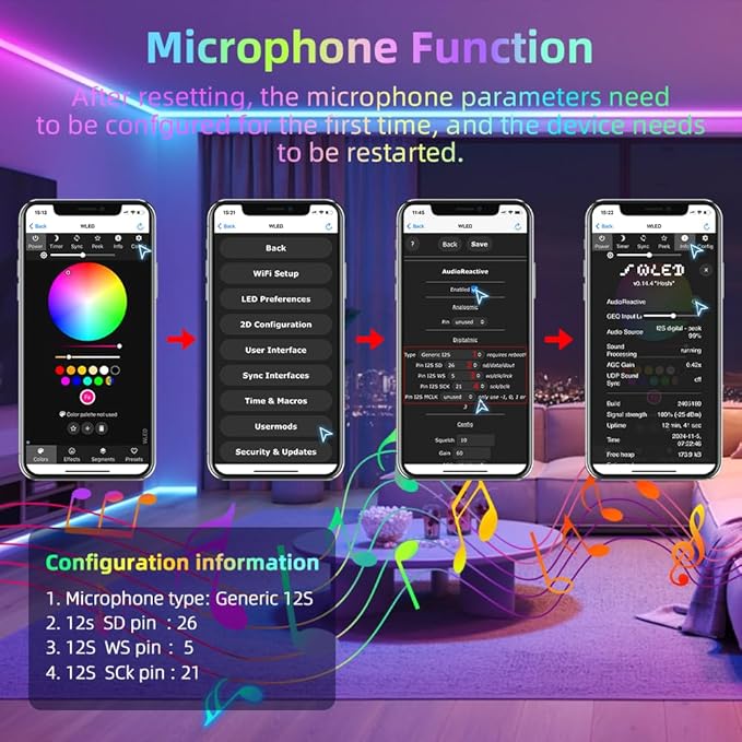 ESP32 WLED Controller with 16A Fuse for 5V-24V LED Strip Dynamic RGB IC DIY Port WiFi App Control Easy Wiring FCOB Addressable Strip Light (DOM-WLE-11P with Mic)