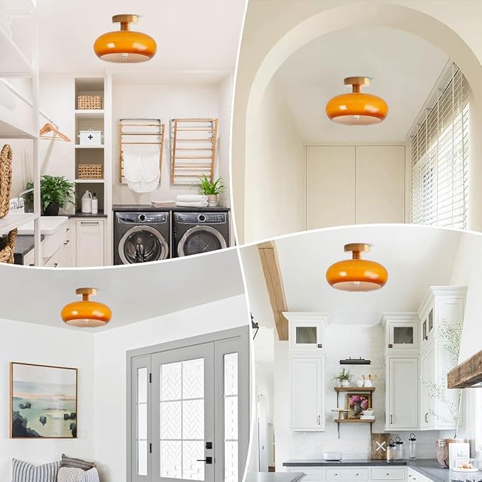 Modern Glass Flush Mount Ceiling Light, Orange Gold Mid Century Hallway Light Fixtures, Vintage Glass Ceiling Lamp, Brushed Brass Dining Room Light Fixture