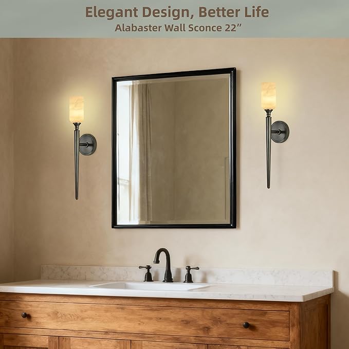 22in Alabaster Wall Sconce, Black Sconces with Spanish Marble, Modern Brass Wall Mounted Lamp, Hardwired LED Wall Lighting for Bathroom Bedroom Living Room Staircase Hallway Dining Room