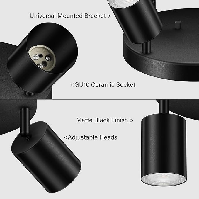 BoostArea LED 4 Light Track Lighting Kit, LED Track Lighting Fixtures, Black Round Ceiling Spot Lighting, Flexibly Rotatable Light Head for Kitchen, Living Room, Bedroom, GU10 Bulb Not Included