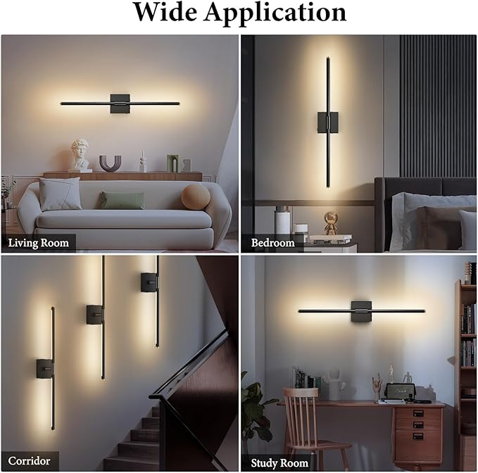 SAIMAND Wall Sconces Set of 2 Battery Operated, Wireless USB 8000mAh Rechargeable Wall Lights with Remote Control,3000K-6000K LED Dimmable Decor Lamp for Living Room,Bedroom,Hallway (27in Black)