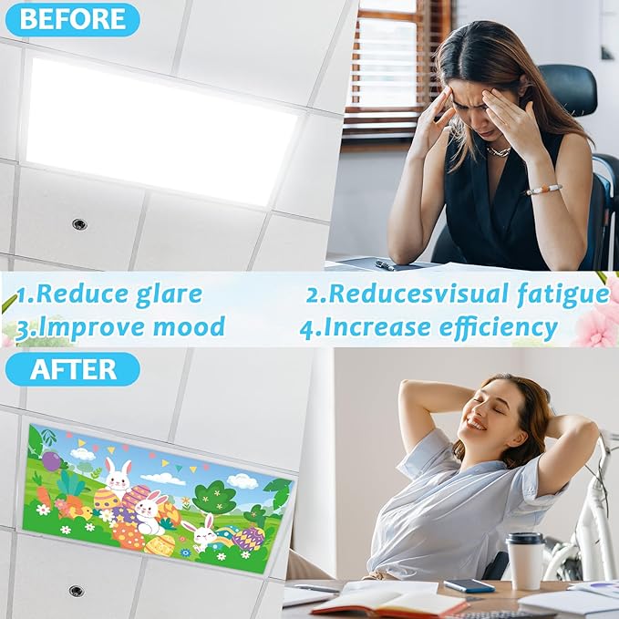 8 Pcs Fluorescent Light Covers for Classroom Ceiling Light 4 x 2 Feet Magnetic Lights Covers Filter Easy Install for Office Hospitals Home Supplies(Easter Eggs Bunnies)