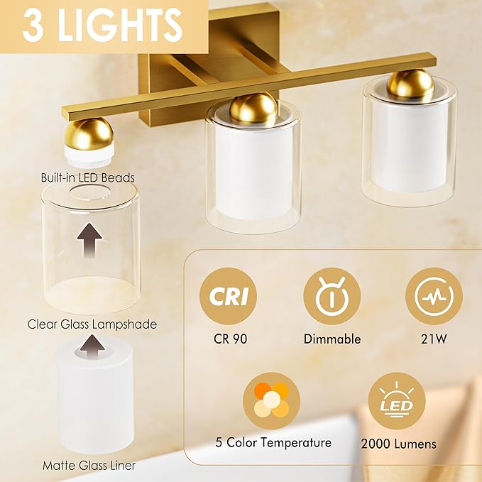 Quntis Gold Bathroom Light Fixtures, 3 Light Modern Vanity Lights Over Mirror, 5 Colors & Stepless Dimmable LED Bathroom Lighting with Milk White Frosted Glass, 16 Inch (Bulbs Included)