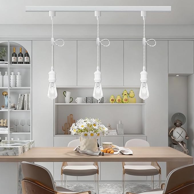 Universal H-Type Modern Pendant Track Lights Kit with 3 Bulbs,3-Pack White Track-Mounted Hanging Fixtures 4000K Natural Light Bulbs, E26 Socket for Kitchen Island and Dining Room