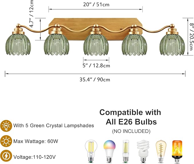 Vintage Bathroom Light Fixtures, Bathroom Lighting Fixtures Over Mirror, Gold Matte Antique Brass Finish with Green Crystal Glass Shade, Wall Sconces Lighting for Bedroom, Living Room (Green, 5-Light)