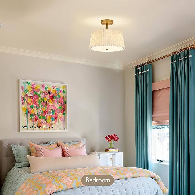 13 Inch Linen Pleated Semi Flush Mount Ceiling Light Fixture, Modern Cone Drum Dimmable Lamp for Bedroom, Kitchen, Dining Room, Hallway, Nursery, Entryway, Foyer Lighting, Gold
