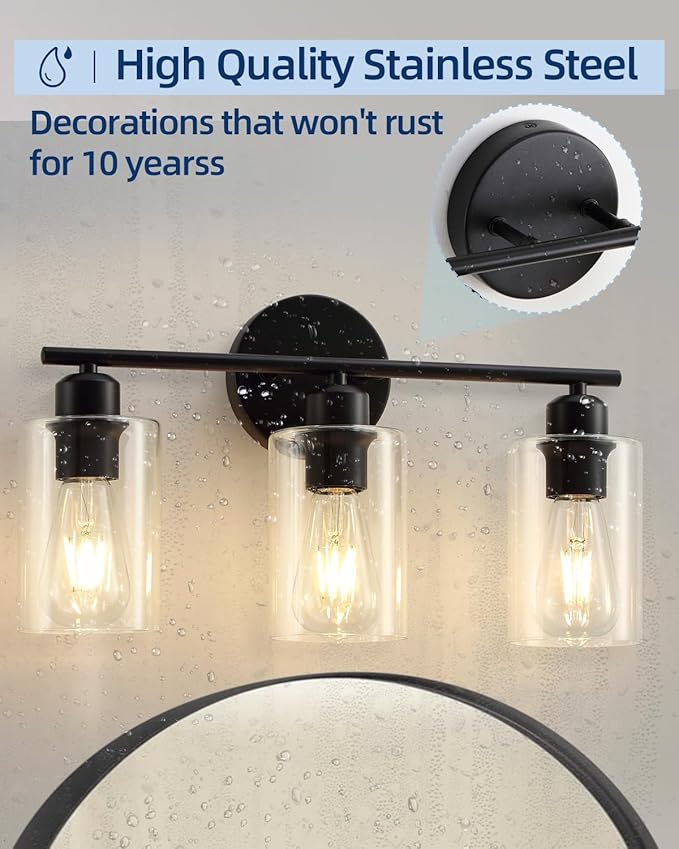 3-Light Matte Black Vanity Lights, Modern Bathroom Light Fixtures Over Mirror With Clear Glass Shade, Wall Sconce Lighting for Hallway - 2Pack