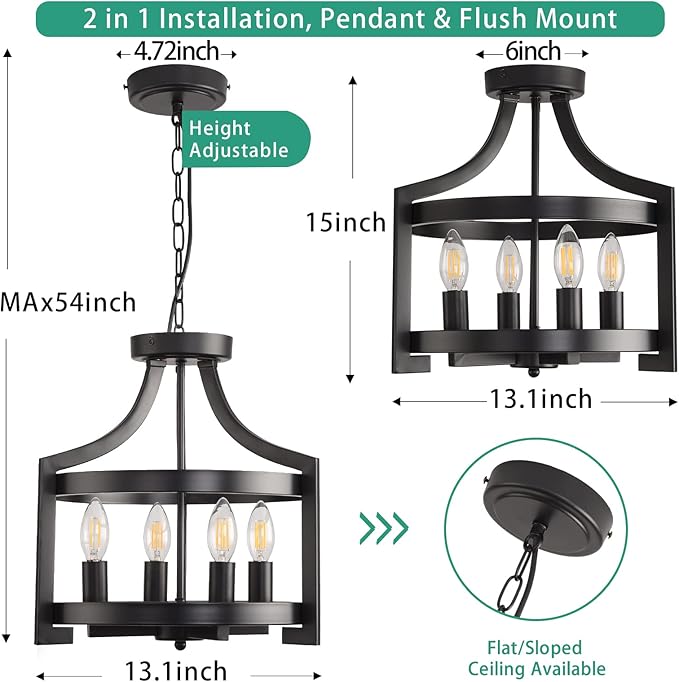 Farmhouse Chandelier Rustic Black Hanging Pendant Light Fixture, Adjustable Metal Lantern lCeiling Light for Kitchen Island Dining Room Living Room Bedroom Foyer Entry
