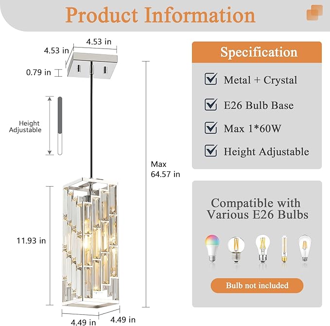 Chrome Pendant Lights Kitchen Island 2 Pack, Adjustable Modern Pendant Light Fixtures, Mini Crystal Chandeliers for Dining Room Bedroom Foyer Hallway