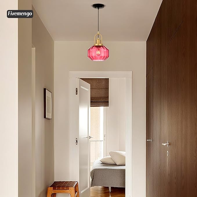 9in Mid Century Modern Wine Red Glass Pendant Light Fixture, Small Gold Kitchen Island Pendants Light Glass Ceiling Hanging Lamp for Foyer Dining Room Bedroom Entryway Hallway Over Sink