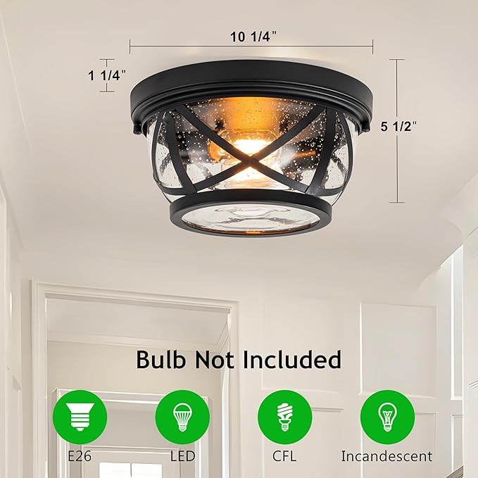 Flush Mount Ceiling Light Fixture Black, 2-Light Modern Farmhouse Porch Light Ceiling Mount for Outdoor, Indoor Flush Mount Lights Fixture for Hallway Foyer Kitchen Bathroom with Seeded Glass