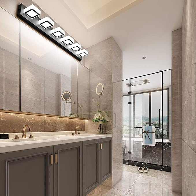 Ralbay 6 Lights LED Modern Dimmable Matte Black Vanity Light Acrylic Modern Vanity Wall Light Over Mirror Dimmable Bathroom Vanity Lighting Fixtures 6000K Cool White Light