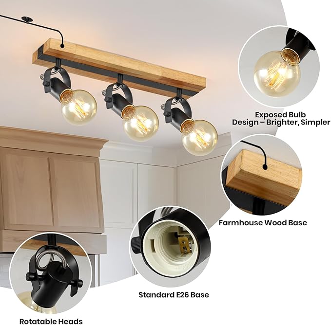 SEEBLEN 3 Light Plug in Track Light,Farmhouse Plug in Ceiling Light with 14.76-Foot Cord,Rotatable Ceiling Spotlight for Kitchen Dining Room Cabinet Hallway Living Room(No Bulb)