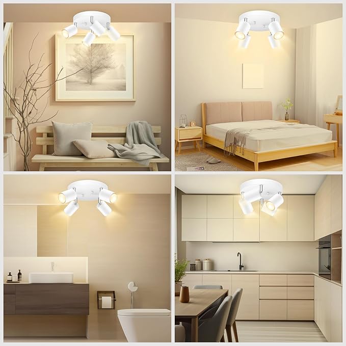 LED 4 Light Track Lighting Kit, LED Track Lighting Fixtures, White Round Ceiling Spot Lighting, Flexibly Rotatable Light Head for Kitchen, Living Room, Bedroom, GU10 Bulb Not Included