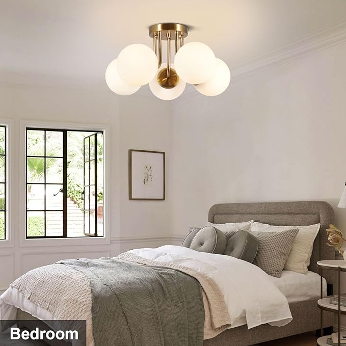 Bektas 5-Lights Semi Flush Mount Ceiling Light Fixture Brushed Gold Light Fixture Bend Modeling with Milk Glass Globe for Bedroom,Living Room,Dinning Room Foyer Hallway