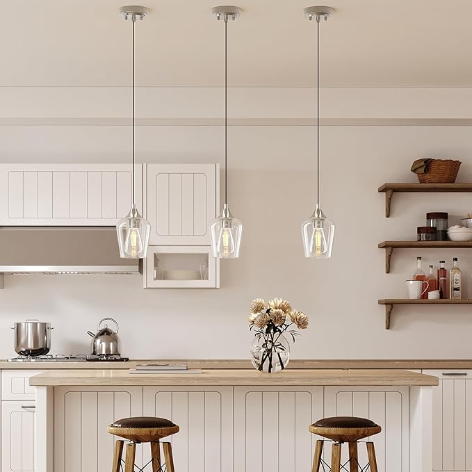 VONLUCE Pendant Lights Kitchen Island, Brushed Nickel Pendant Light Fixtures with E26 Base & Adjustable Cable, Modern Pendant Lighting with Glass Shade for Living Room Bedroom Hallway, 3 Packs