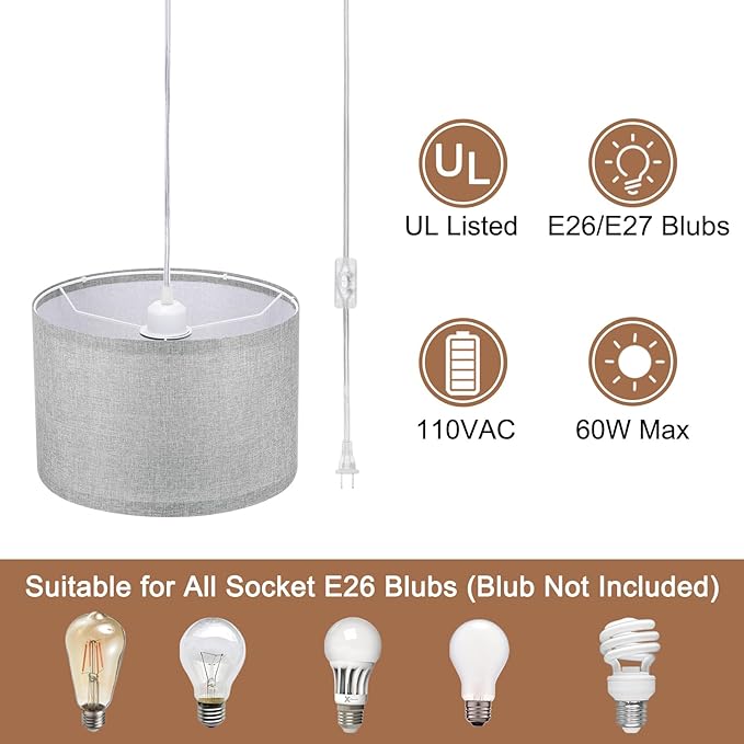 PATIKIL Plug in Pendant Light, 2 Pack 15Ft Rope Cord Hanging Lamp Fixture with ON/Off Switch, Linen Fabric Shade E26/E27 Bulb Socket for Bedroom Kitchen Living Room, Dark Gray