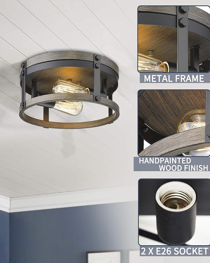 2-Light Farmhouse Flush Mount Ceiling Light, 12 inch Kitchen Ceiling Light, Round Rustic Light Fixtures with Black & Wood Grain Finish for Entryway Hallway, OS-3016BK