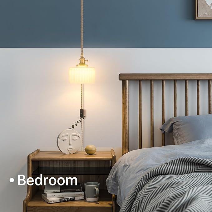 Shenmoyl Plug in Pendant Light Hanging Light Fixture Corded On/Off Switch Brass Pendant Light with White Striped Glass Lampshade for Bedroom Living Room Kitchen Island