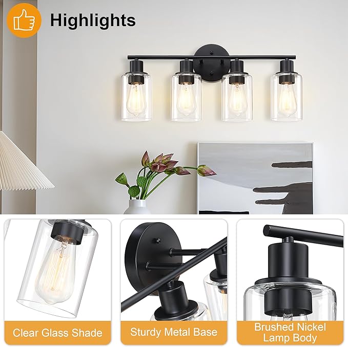 Pia Ricco Bathroom Vanity Light Fixtures, 4-Light Black Vanity Lights with Clear Glass Shades, Modern Wall Sconces Over Mirror, Bath Wall Sconces for Mirror Living Room Bedroom Hallway