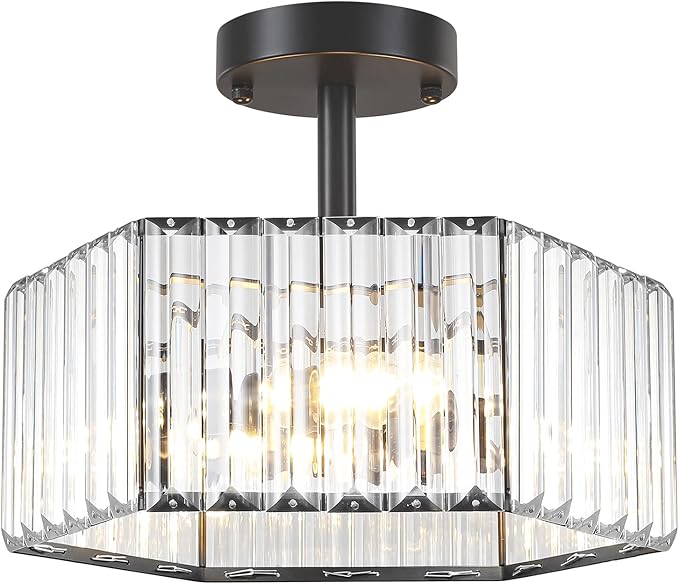 TOULMJ Modern Black Semi Flush Mount Ceiling Light, 3-Light Crystal Entryway Light Fixture Close to Ceiling Kitchen Lighting, Hallway Light Fixtures Flush Mount Chandelier for Bathroom Bedroom Foyer
