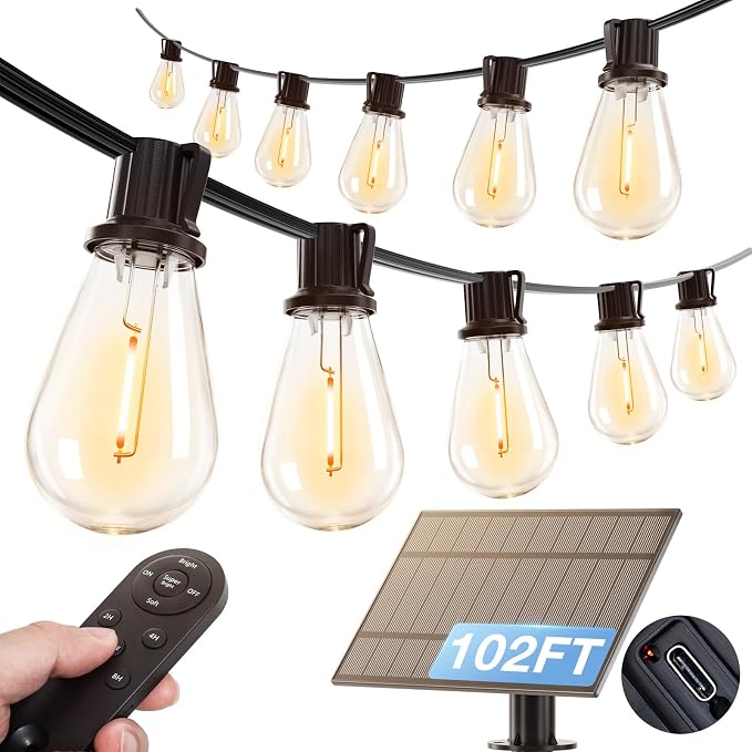 addlon 102FT(96FT+6) Solar String Lights Outdoor Waterproof with USB Port & Remote Control Solar Patio Lights for Outside Solar Powered with 52 LED Dimmable Bulbs for Porch Garden Deck Halloween