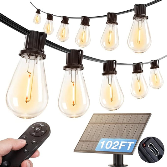 addlon 102FT(96FT+6) Solar String Lights Outdoor Waterproof with USB Port & Remote Control Solar Patio Lights for Outside Solar Powered with 52 LED Dimmable Bulbs for Porch Garden Deck Halloween