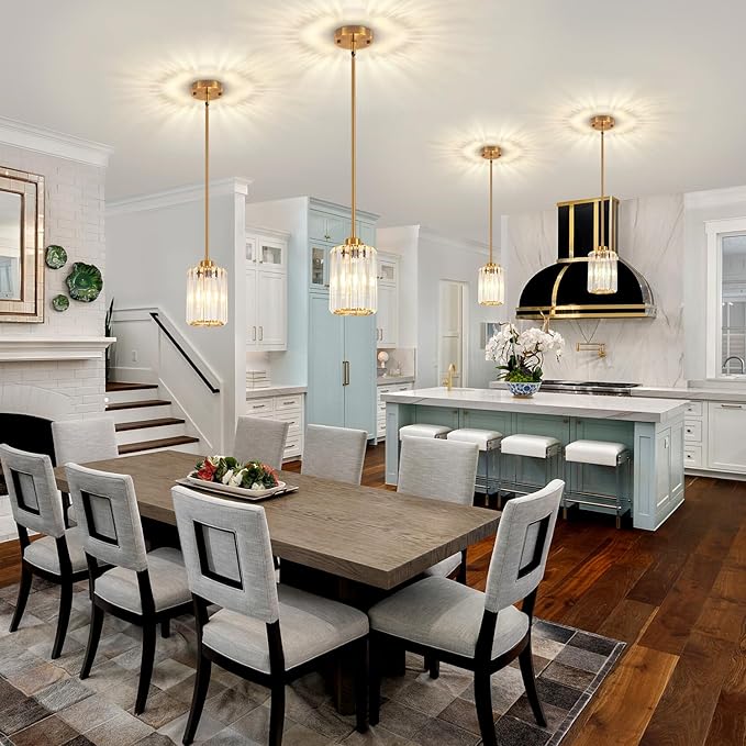 Brushed Gold Crystal Pendant Lights Kitchen Island, Modern Pendant Lighting Over Island Kitchen Hanging Light Fixtures Adjustable Mini Pendant Light for Dining Room Bathroom Entryway Hallway Foyer