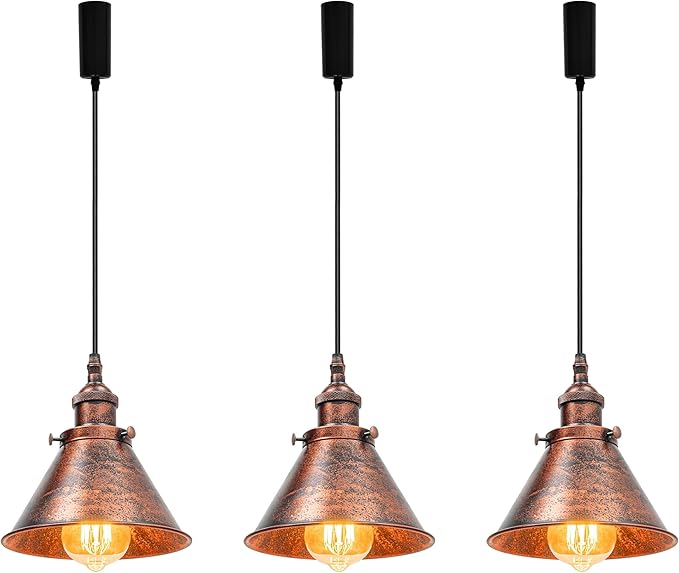 3-Pack Adjusted Wire Length H-Type Track Hanging Light 3.9 Ft Black Cord E26 Base Plating Painted Red Metal Pendant Light Fixture,Industrial Lamp for Loft Aisle Balcony(No Bulb,No Track)