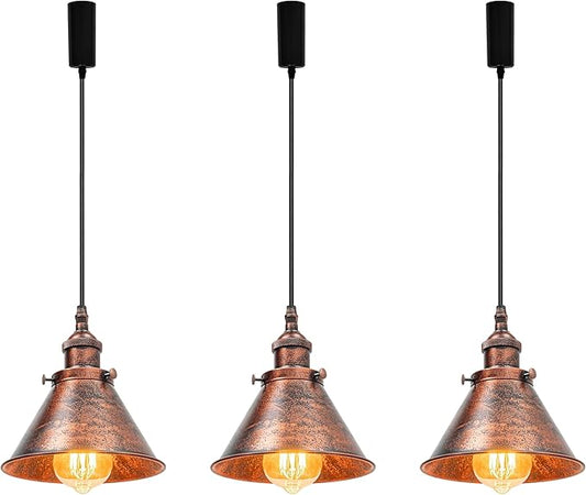 3-Pack Adjusted Wire Length H-Type Track Hanging Light 3.9 Ft Black Cord E26 Base Plating Painted Red Metal Pendant Light Fixture,Industrial Lamp for Loft Aisle Balcony(No Bulb,No Track)