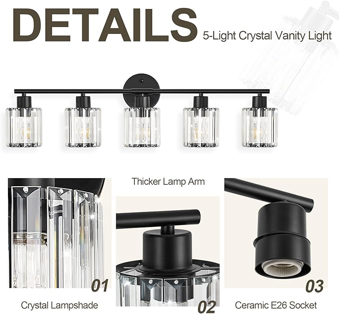Crystal Bathroom Light Fixtures, Bathroom Lighting Fixtures Over Mirror, Modern Black 5-Light Vanity Lights for Mirror,Restroom, Bedroom (Ceramic E26 Socket,Bulbs Not Include)
