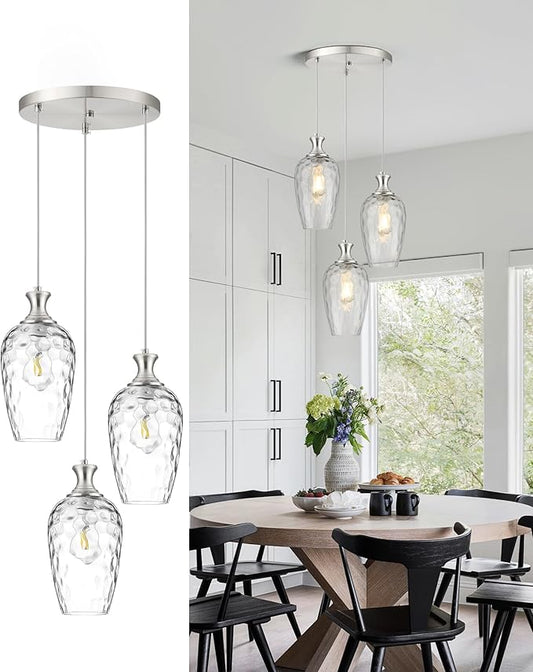 3-Light Pendant Lighting, Modern Brushed Nickel Dining Room Chandelier Light Fixture Over Table with Hammered Glass, Brass Cluster Hanging Lights for Kitchen Island Dining Room Bedroom, E26