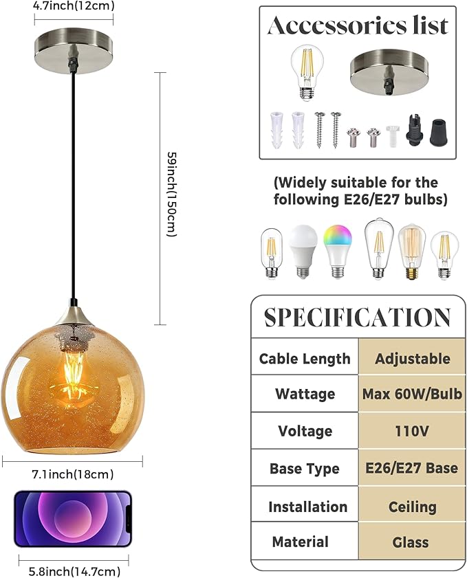 7.1in Medium Amber Glass Pendant Light for Kitchen Island, 3-Pack with Extra LED Bulbs & 4.92ft Adjustable Cord | Modern Minimalist Lighting for Dining Room, Living Room, Entryway