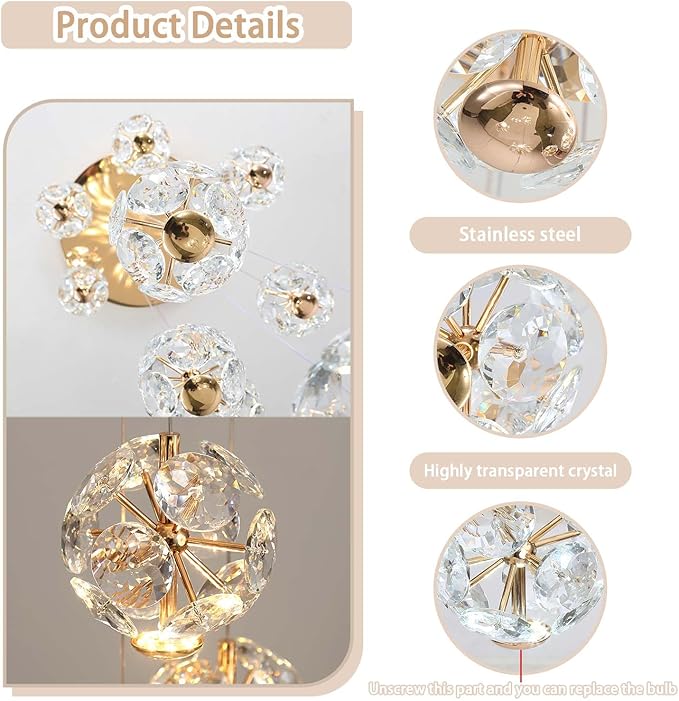 ykolupty LED Staircase Chandelier Modern Crystal Globe Pendant Light Crystal Chandeliers for High Ceilings,Gold Hanging Lighting Fixture for Villas Foyer Hallway Entryway (6-Lights)