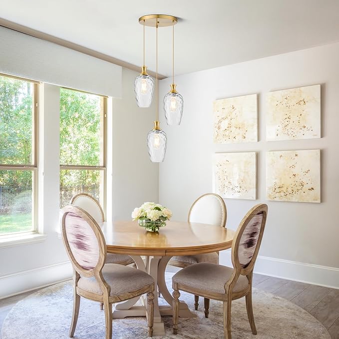 3-Light Pendant Lighting, Modern Brushed Gold Dining Room Chandelier Light Fixture Over Table with Hammered Glass, Brass Cluster Hanging Lights for Kitchen Island Dining Room Bedroom, E26